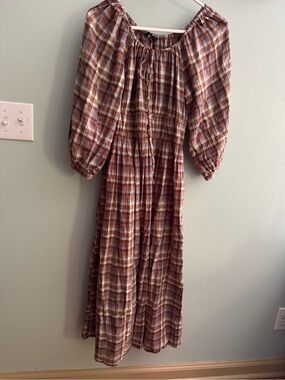 Madewell Plaid Peasant Midi Dress in Brown and Cream